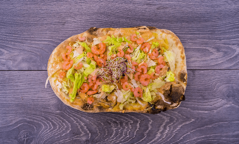 Pinsa Gamberina with Shrimps Salad